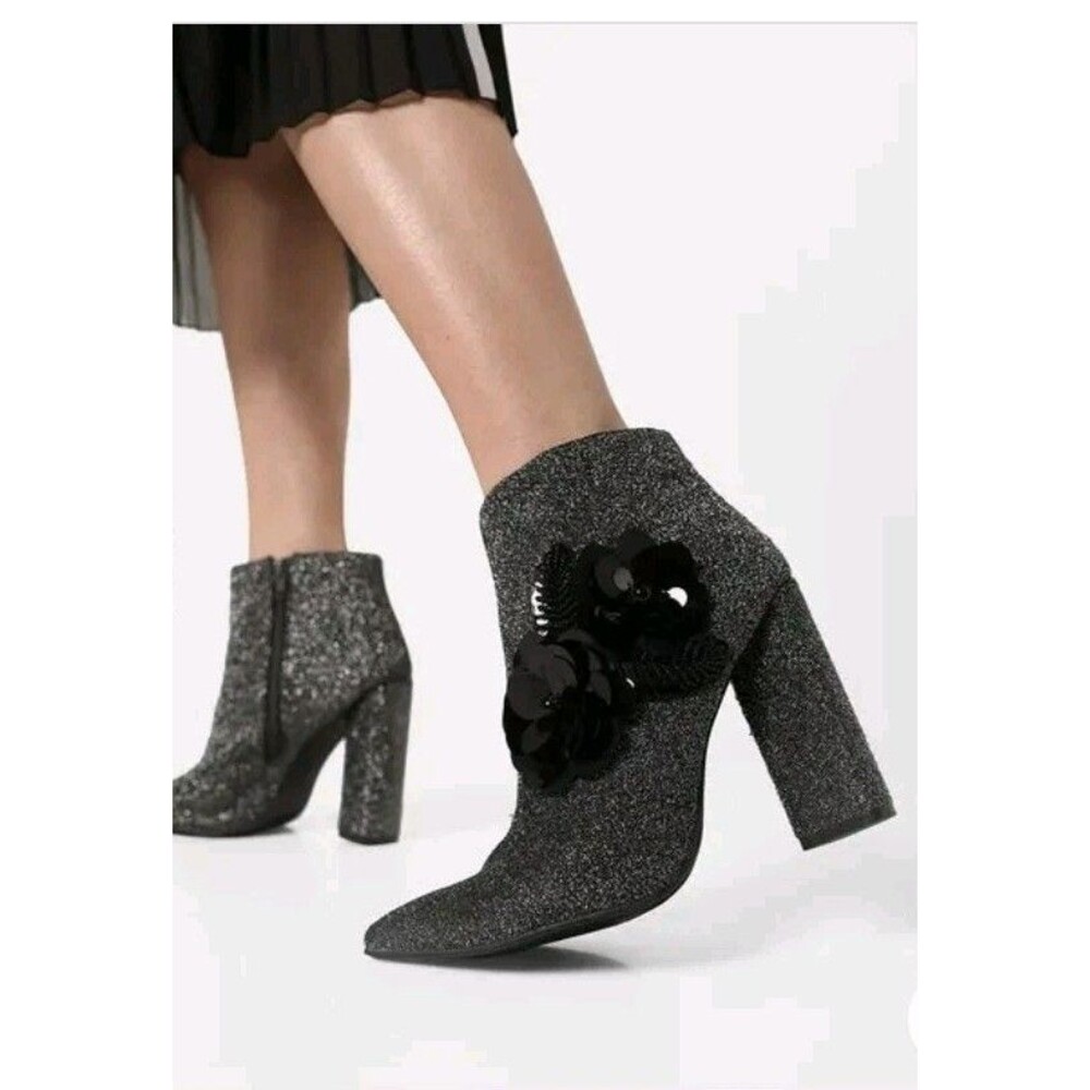 Qupid Bootie Black Silver Sparkly Embellished Elegant Point Toe Ankle Women's 8 - Picture 14 of 14